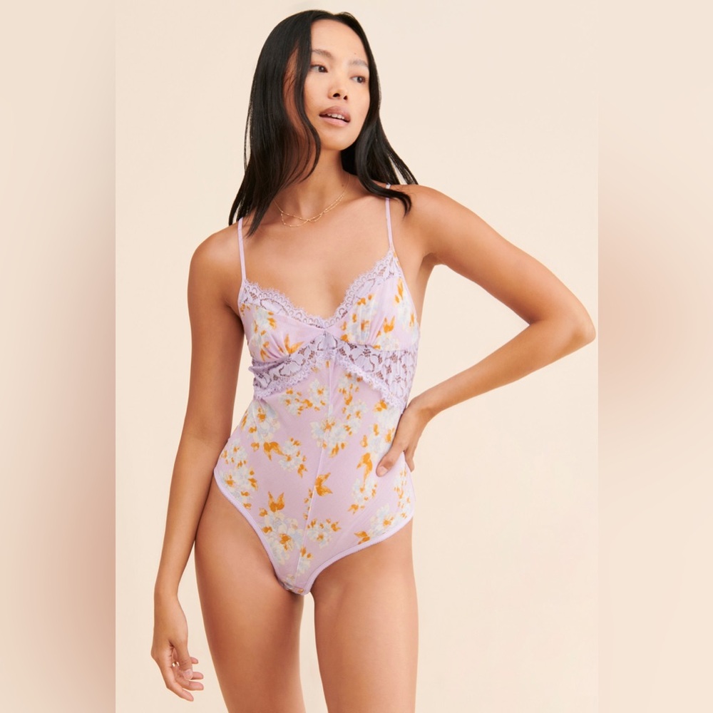 NEW Free People Intimately Monday Morning Lilac Floral Lace Bodysuit Size Small